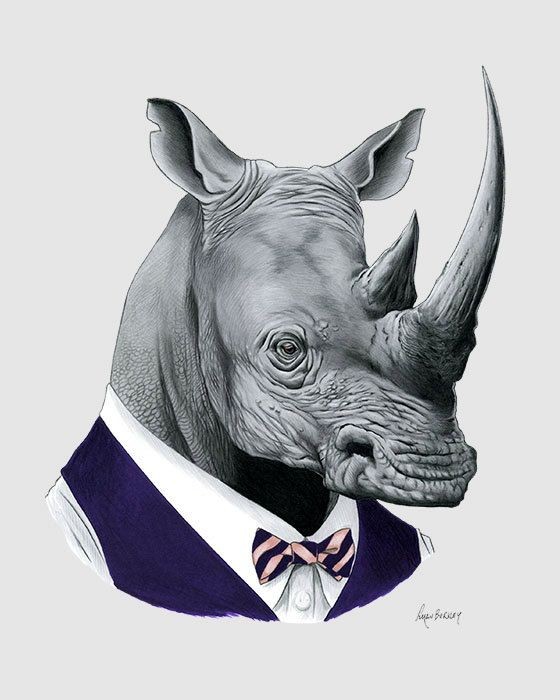 Luxury grey rhino in blue suit with bow tattoo design