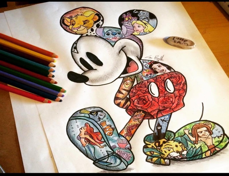 Luxury Multicolor Mickey Mouse With Disney Cartoons Patterns Tattoo Design Tattooimages Biz