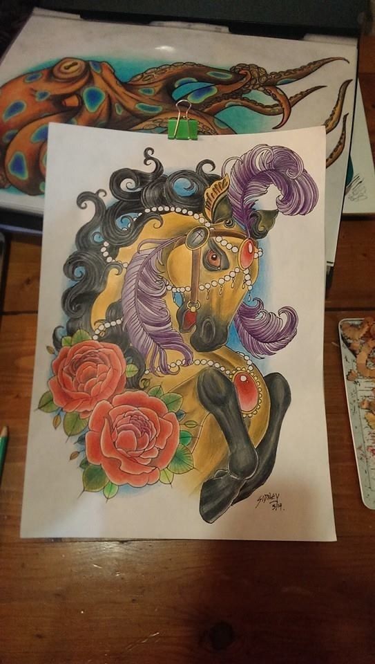 Luxury multicolor circus horse with purple feathers and red roses tattoo design