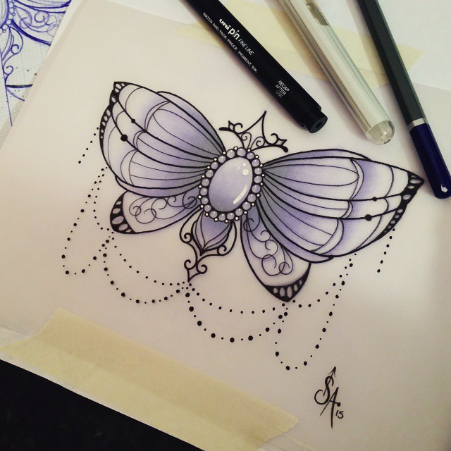 Luxury purple gem-body butterfly with lace tattoo design