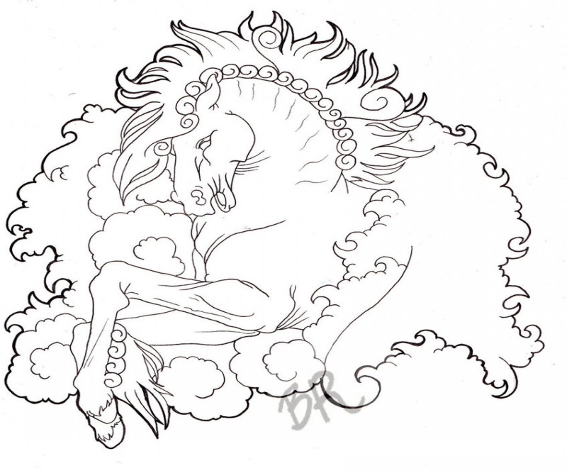 Luxury uncolored horse in fluffy clouds tattoo design