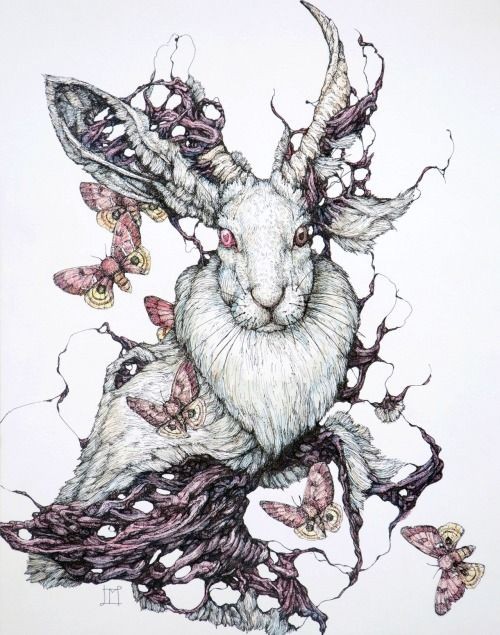 Luxury white horned hare and huge flying butterflies tattoo design
