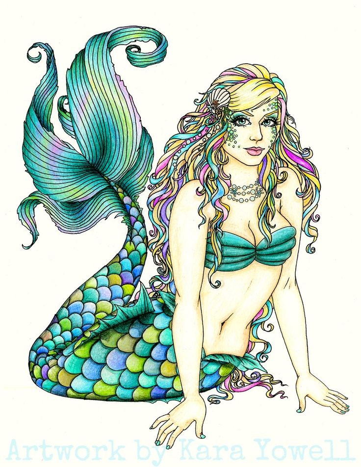 Lying mermaid with blondy decorated hair and turquoise tail tattoo design