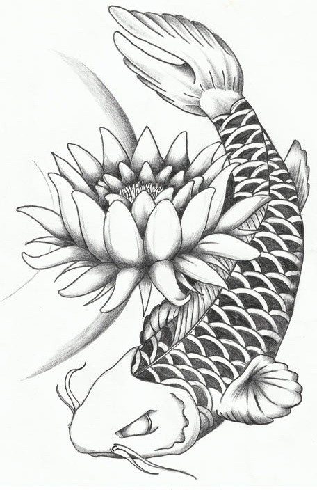 Mad-eyed koi fish and huge lotus floser tattoo design