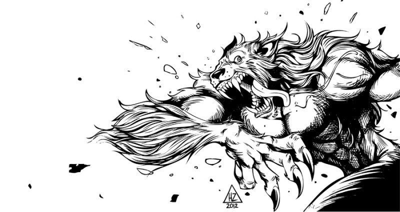 Mad black-and-white running werewolf tattoo design by Hedwinz 89