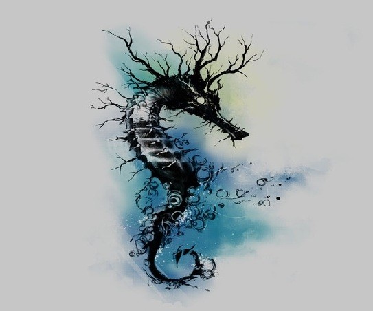 Mad black seahorse with huge tree-like horns tattoo design