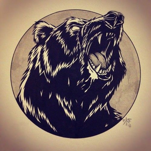 Mad blind-eyed black roaring bear head tattoo design
