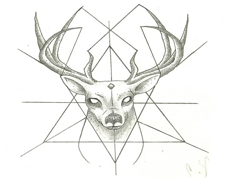 Mad blind-eyed deer with geometric drawings tattoo design by Unsightly Vulgarity