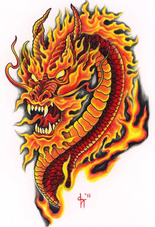 Mad colored fire dragon portrait tattoo design