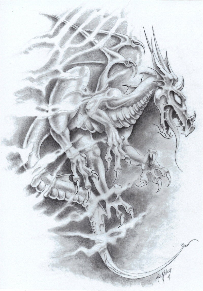 Mad grey-ink dragon escaping from smoke tattoo design by Mark Fellows