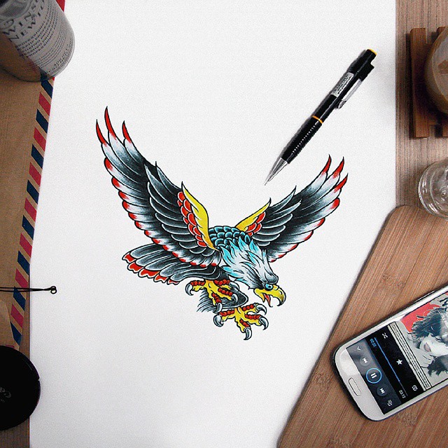 Mad multicolor old school flying eagle tattoo design