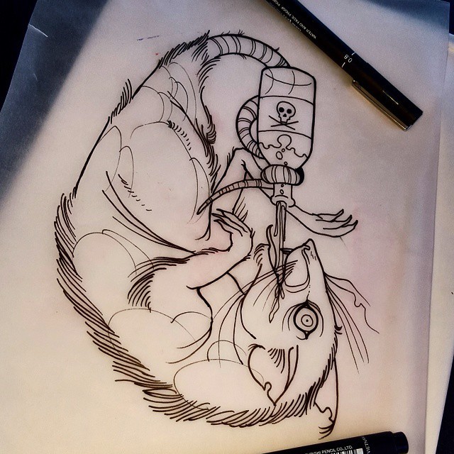 Mad outline mouse drinking poison tattoo design