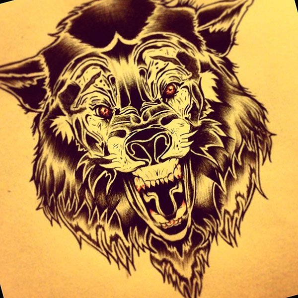 Mad red-eyed wolf head tattoo design