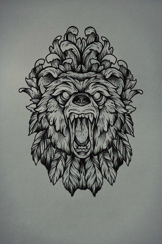 Mad screaming bear head on floral and feathered background tattoo design