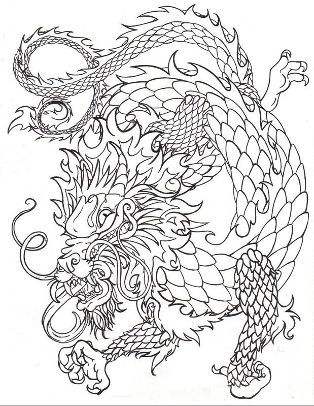 Malicious unolored chinese dragon tattoo design