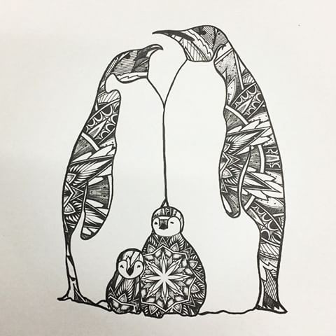Mandala-decorated penguin family tattoo design