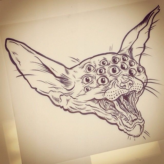 Many-eyed meowing cat head tattoo design