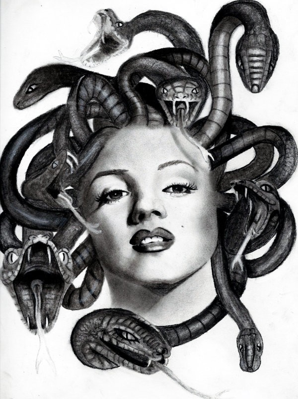 Marilyn Monroe medusa gorgona with black hungry snakes tattoo design