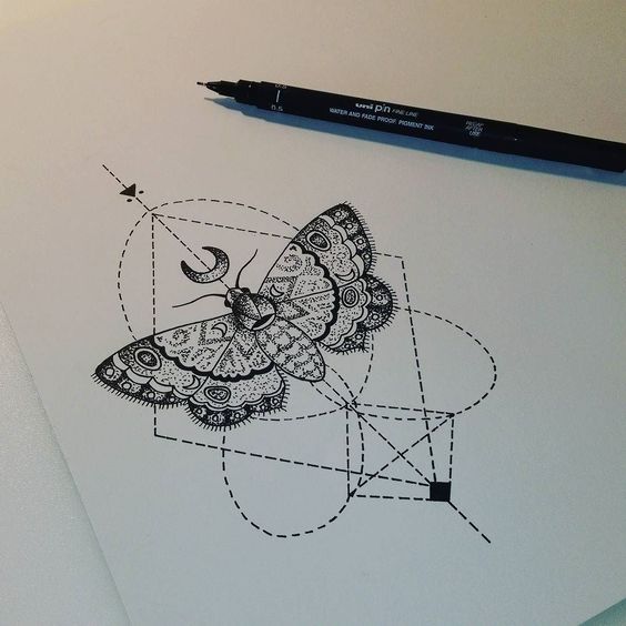 Marvelous dotwork butterfly with moon sign on geometrical drawing tattoo design