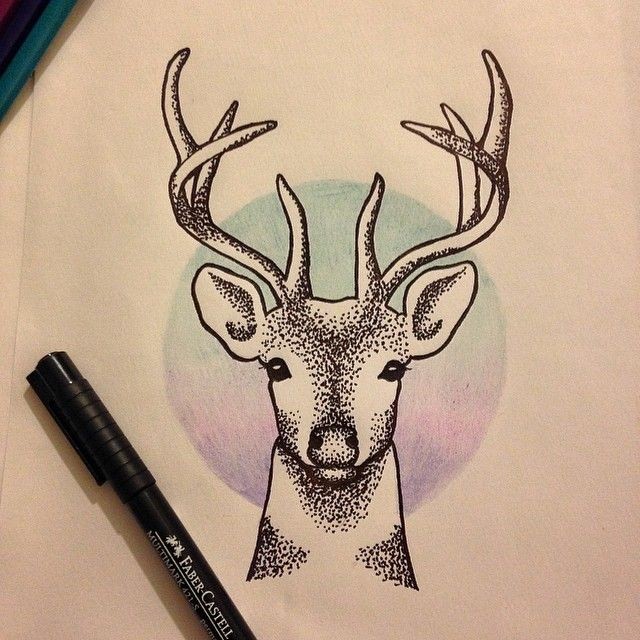 Marvelous dotwork deer on blue-and-purple cirkle background tattoo design