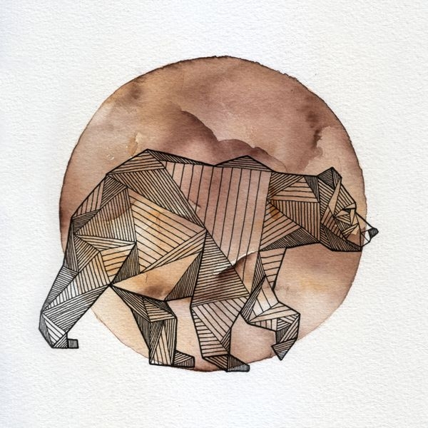 Marvelous geometric bear on brown watercolor full moon background tattoo design