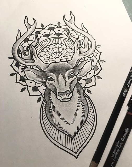 Marvelous grey-pencil deer with mandala tattoo design