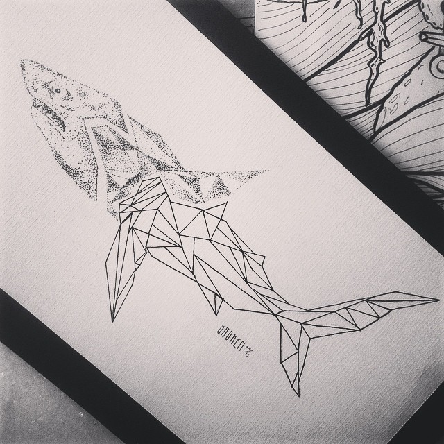 Marvelous half-dotwork half-geometric shark tattoo design