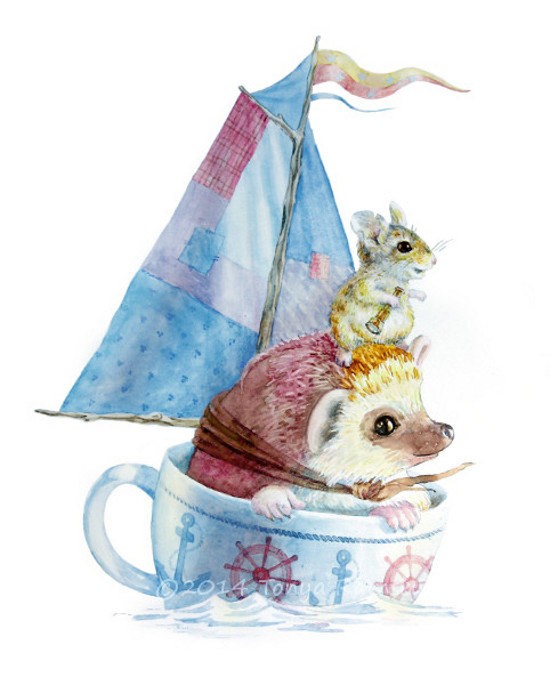 Marvelous hedgehog sailing with mouse in cup tattoo design