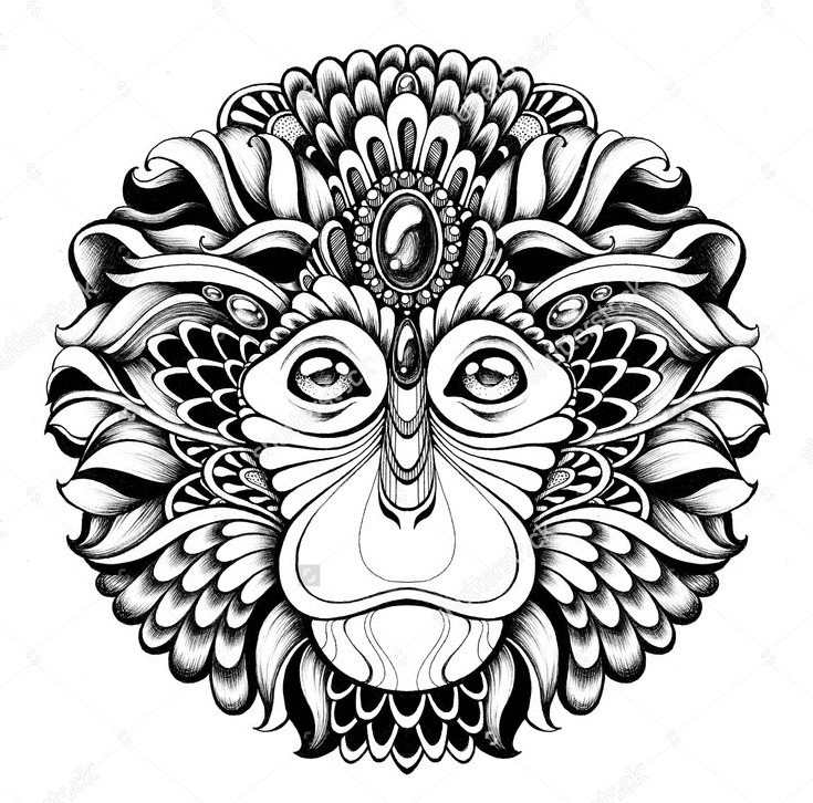 Marvelous round rich ornamented chimpanzee head tattoo design