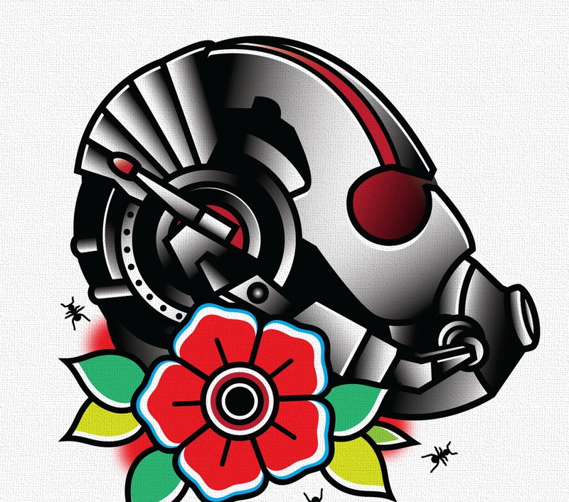 Mechanical ant head and red flower in old school style tattoo design