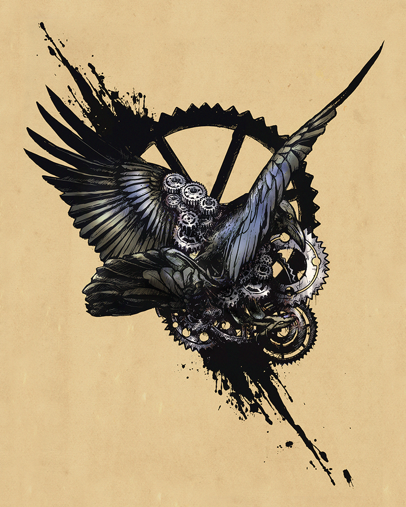 Mechanical cogwheel raven tattoo design by Mesozord