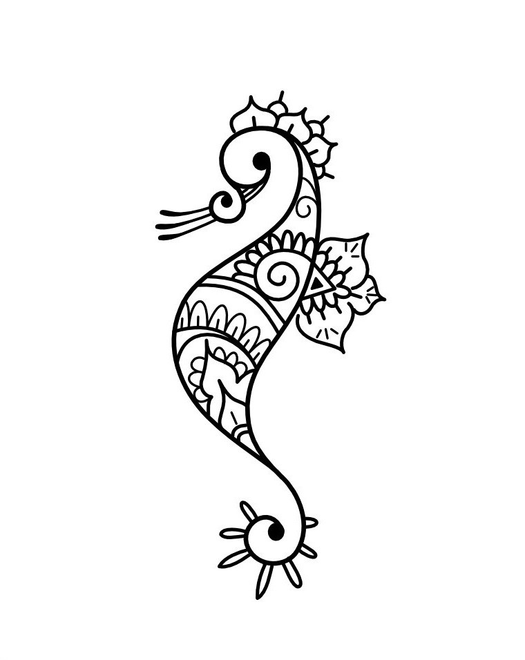 Mehndi folk-patterned seahorse tattoo design
