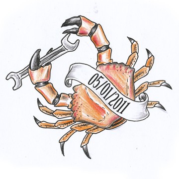 Memorable red crab keeping a spanner in claw tattoo design