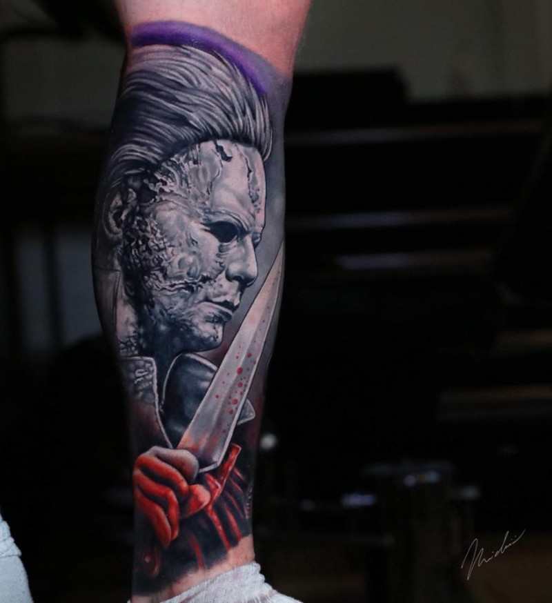 Michael Myers portrait with knife tattoo