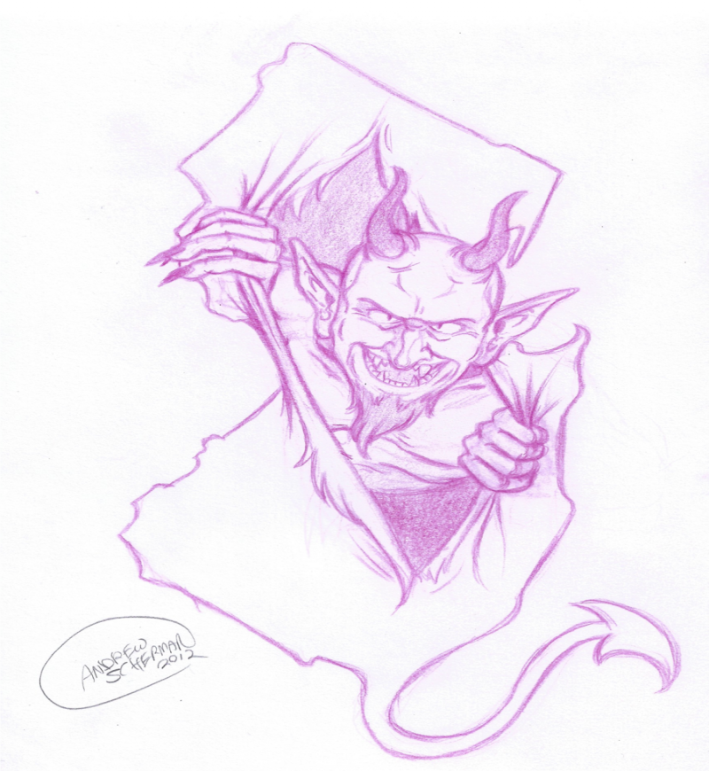 Mischievous pink-ink devil tearing from paper background tattoo design