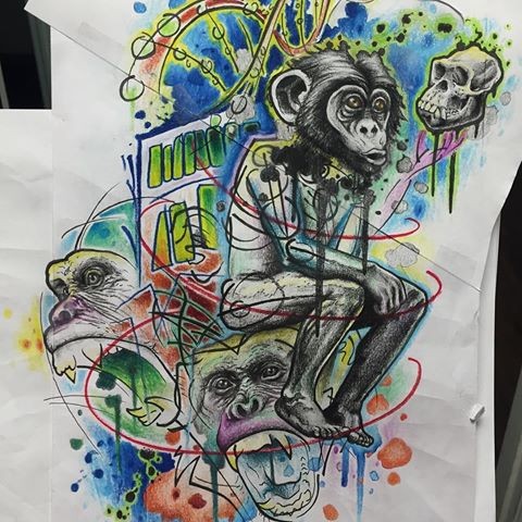 Modern multicolor chimpanzee with grafitti elements tattoo design