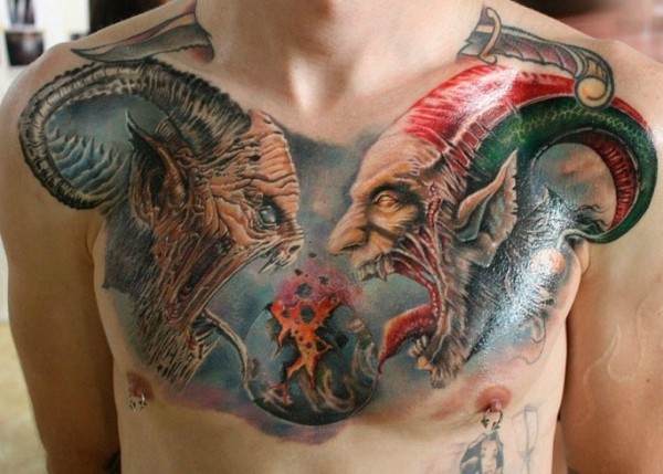 Estilo moderno tatuagem no peito colorido de monstros gritando com explodir a terra