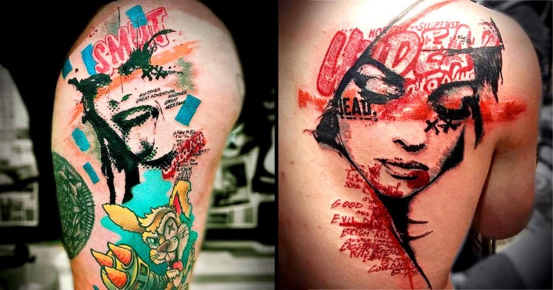 Modern estilo de polca de lixo colorido tatuagem coxa de mulher assustadora com letras