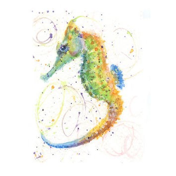 Modest brightly-colored seahorse with watercolor effect tattoo design