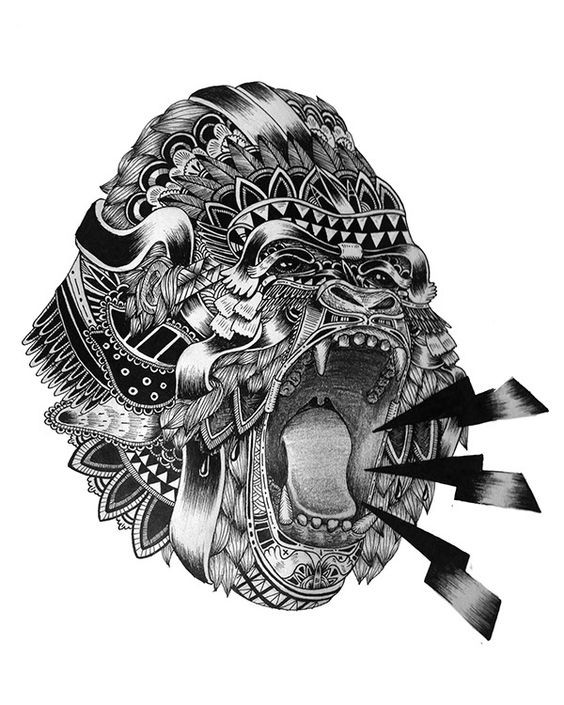 Montly ornated gorilla head with screaming signs tattoo design