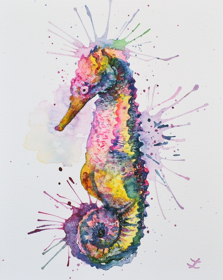 Montly watercolor seahorse with a lot of splashes tattoo design