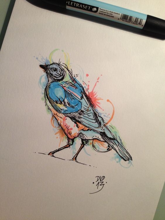 Montly watercolor sparrow in splashes tattoo design