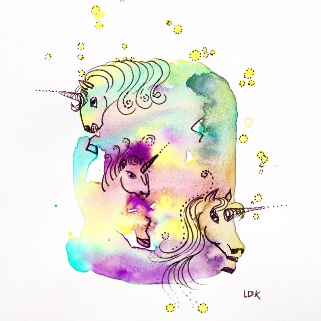 Montly watercolor unicorn flock among the stars tattoo design