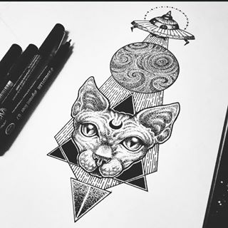 Moon-signed cat muzzle on dotwork triangles and UFO background tattoo design