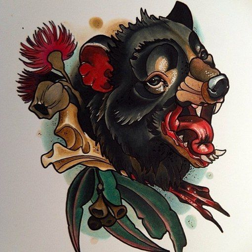 Multicolor bear head with flower stems tattoo design