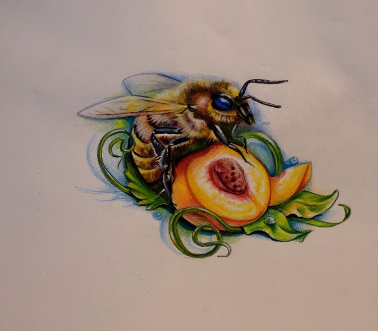 Multicolor bee sitting near apricot fruit tattoo design by Marina Alex