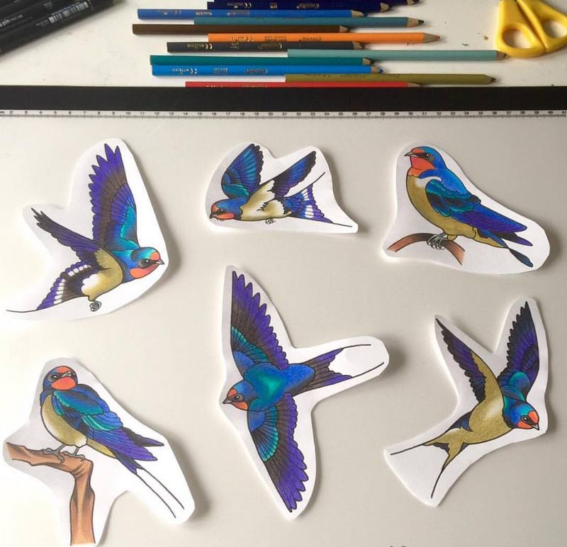 Multicolor bird flock tattoo design