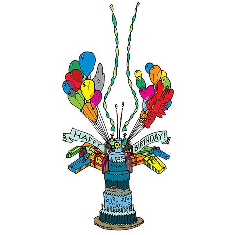 Multicolor birthday water animal with balloons and banner tattoo design
