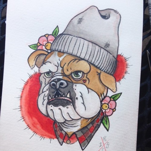 Multicolor bulldog hipster on red circle background tattoo design