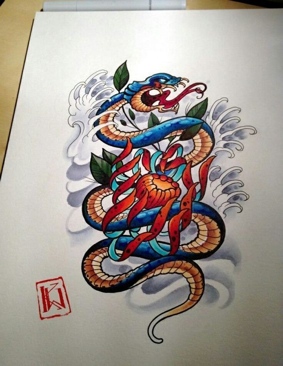Multicolor chinese snake and peony in water waves tattoo design